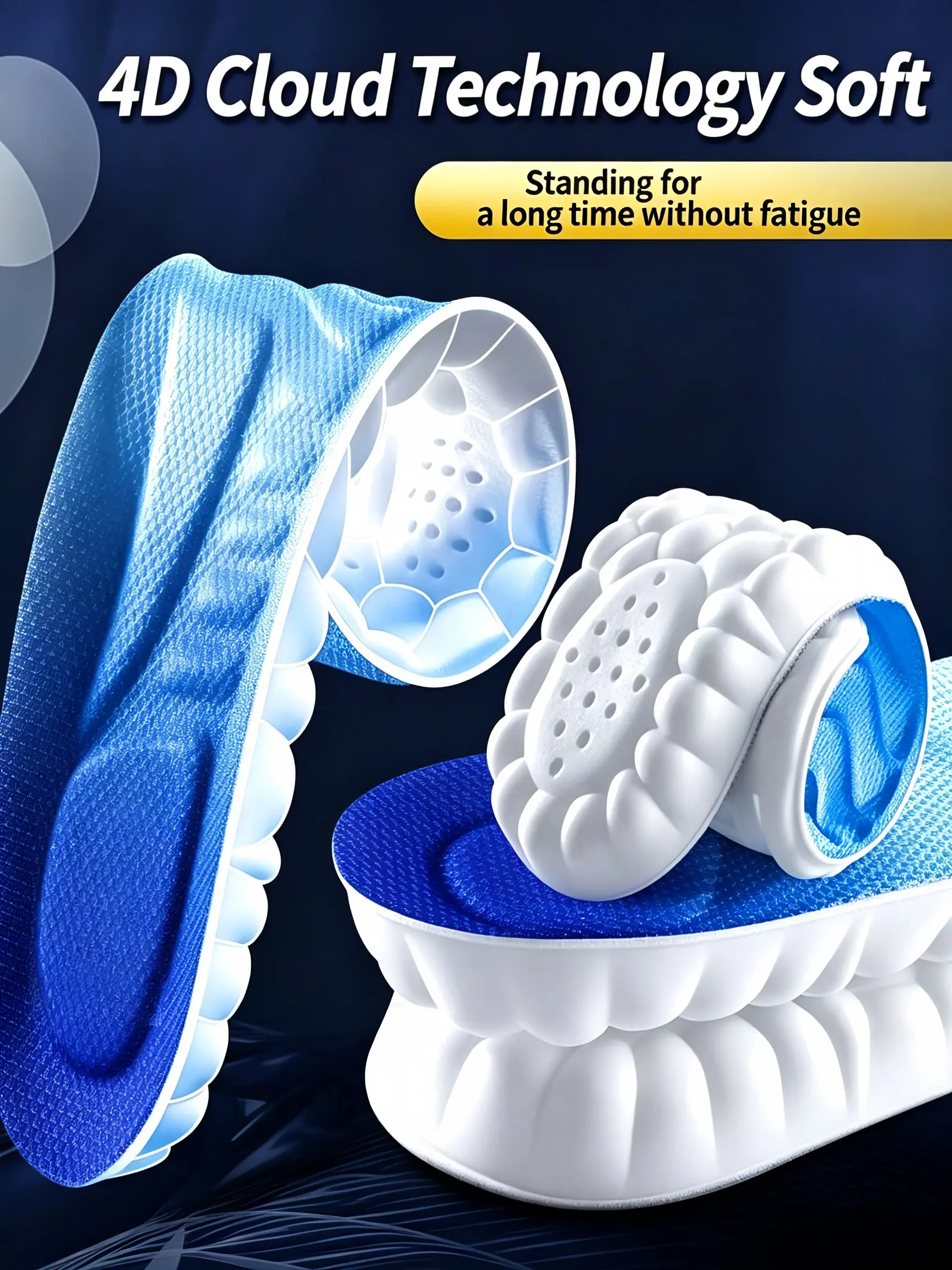 Unisex 4D Cloud Technology Honeycomb Sports Shoe Insoles, Ultra Soft Flexible Rollable Shock Absorbing Breathable Sweat Wicking Cushion Inserts, All Season Anti-Fatigue Foot Pads for Running Walking Standing Sneakers Work Shoes
