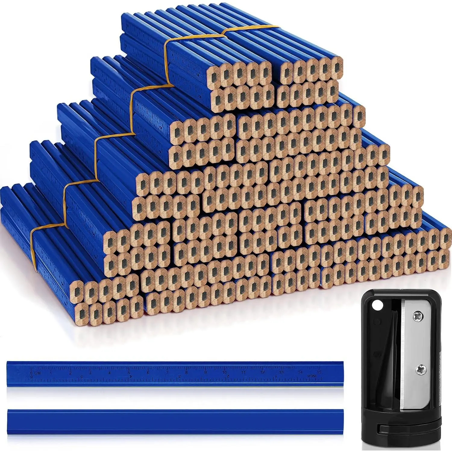 200 count Flat Construction Pencils with Printed Ruler  Graphite 2 count Carpenter Pencil Sharpener for Woodworking Marking Tool(Blue)