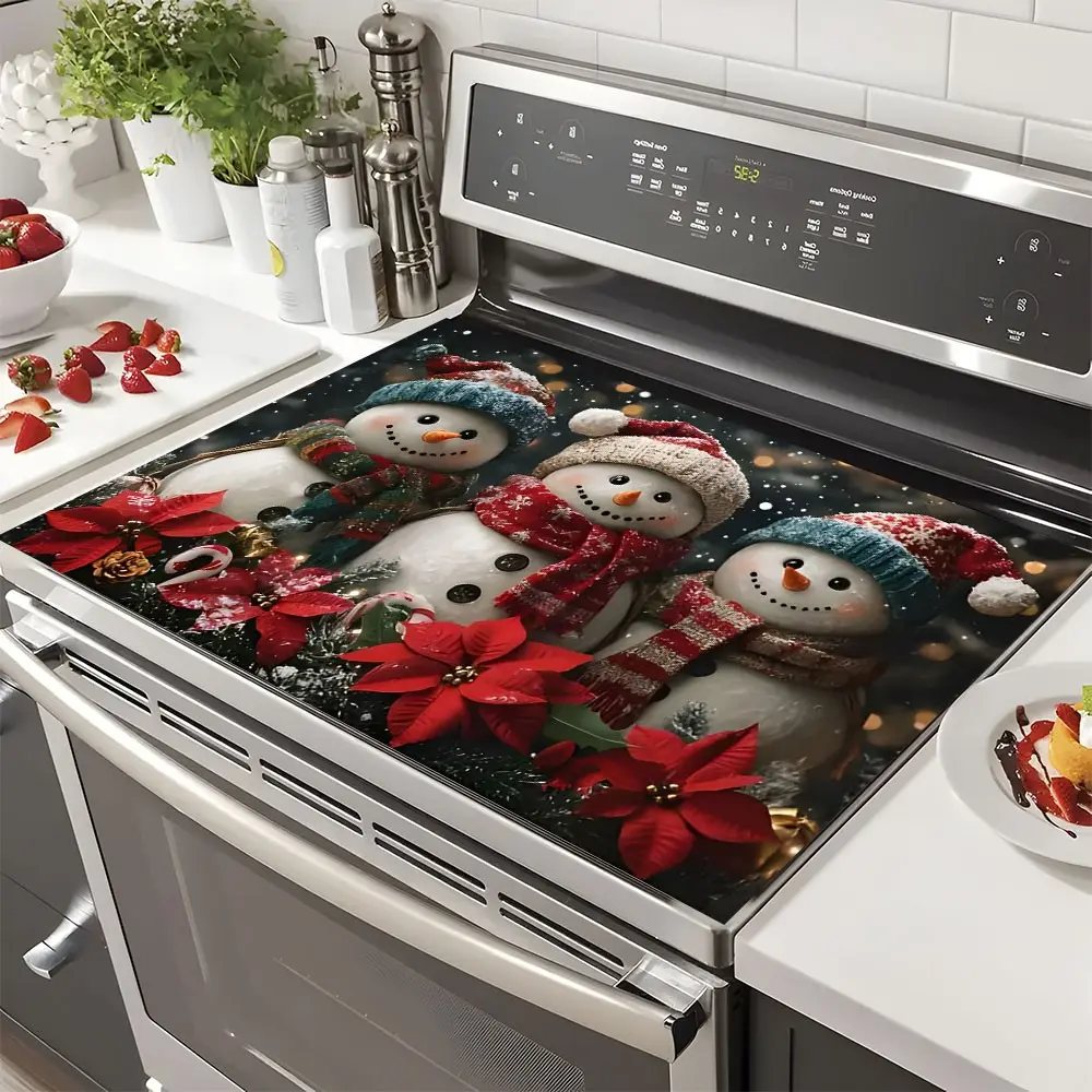 Christmas Soft Electric Stove Cover Cook Top Panel Protector Pad,Snowman Wood Gingerbread Goblin Reindeer Christmas Tree Pattern Design, Soft Durable Design, Easy Clean, Washer and Dryer Pad, Christmas Spring Home Decor, Durable Non-Slip Design