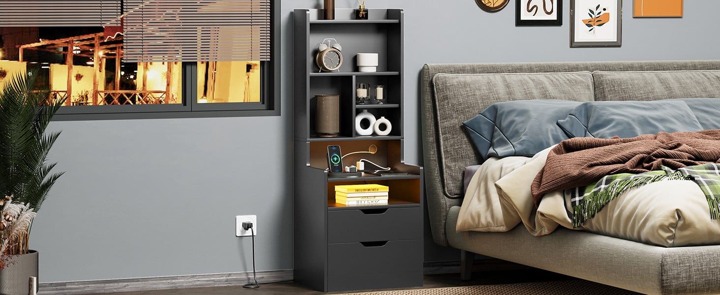 Sikaic LED Tall Nightstand with Bookshelf Charging Station Black Modern Bedside Table with RGB LED Lights & Storage Drawers - Tabletop Design