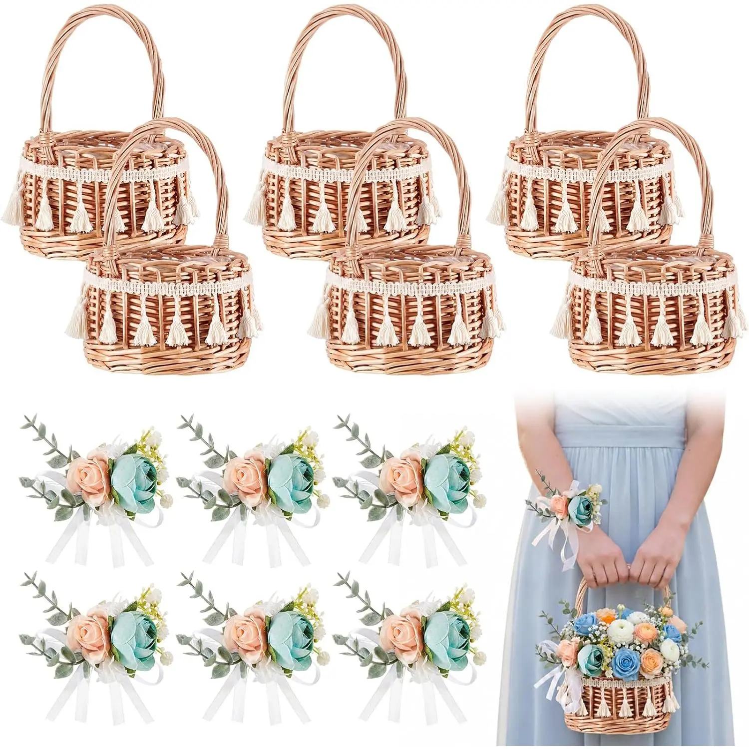 6 Pcs Rattan Woven Flower Basket with 6 Pcs Blue Wedding Wrist Corsage Small 5.12 x 8.27 Inch Rustic Wicker Floral Basket with Artificial Flowers and Handle for Home Wedding Birthday Decor