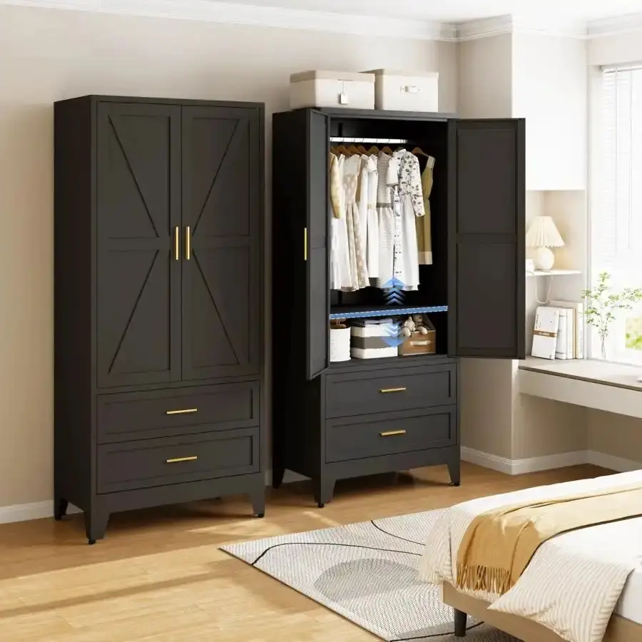71-Inch Large Size Classic Carbon Steel Wardrobe - Sturdy Steel Frame, Nordic Style, Hanging Rods, Adjustable Shelves, Double-Door Cabinet, 2 Drawers, Assembly Required, Over 25 kg, Suitable for Bedroom, Living Room