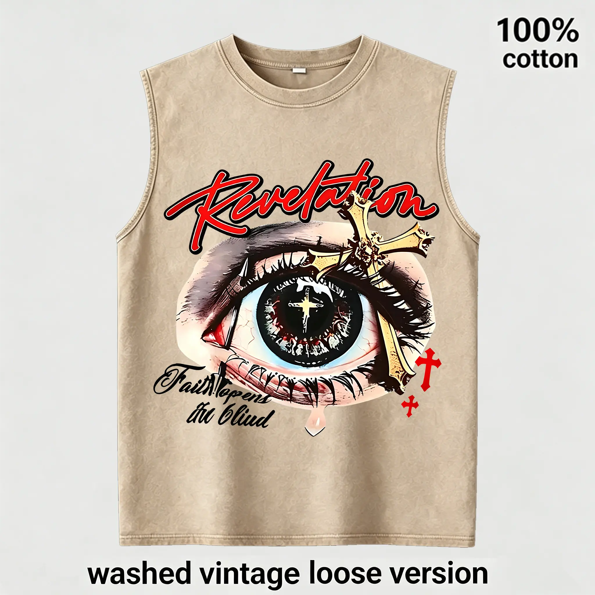 Vintage Washed "Revelation" Eye Tank Top | Men's Loose Fit 100% Cotton Muscle Shirt Gothic Grunge Christian Cross Streetwear Beige