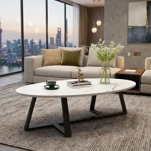 Oval Faux Marble Coffee Table, Modern MDF Center Tea Table With Y-shaped Black Metal Legs, Anti-scratch Water Resistant Side End Table, Safe Round Corner Household Furniture For Living Room Small Space Decor