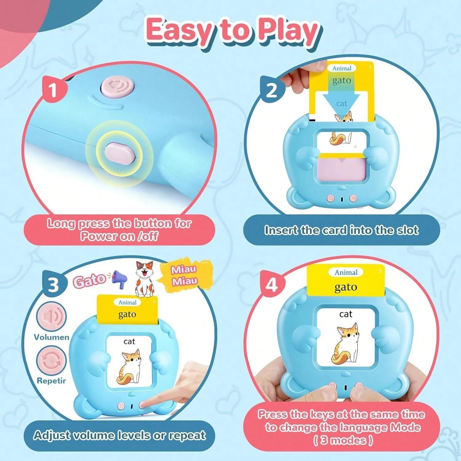 224/510 Words Youngsters Talking Flash Card Reader 112/225 Double-Sided Cards Blue & Pink Rechargeable Educational Interactive Toy Learning Flash Card Machine Gift For Holiday Season Birthday Easter Batteries Included USB Power