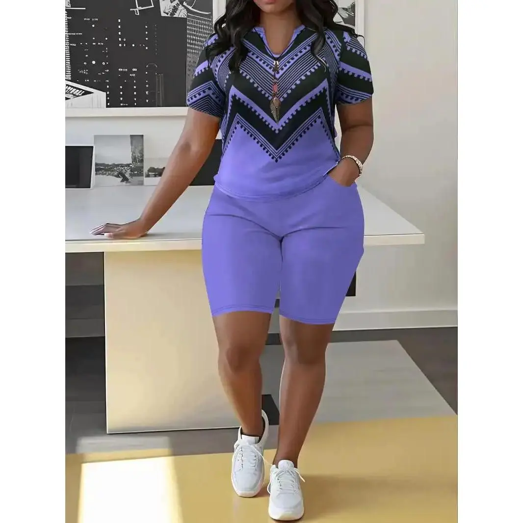 Women's Plus Size 2-Piece Casual Athletic Exercise Fitness Sports Suit - Bohemian V-Neck Short Sleeve T-Shirts & Gym Shorts, Chic Wave Print, Polyester Blend, Pockets, Summer Spring Home Wear, Striped/Plain