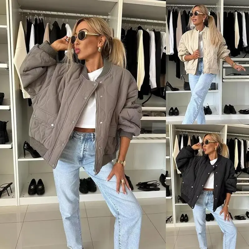 Women's Trendy Puffer Jacket Quilted Long Sleeve Zip Up Coats Winter Warm Lightweight Outwear With Flap Pocket