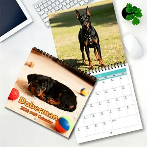 A 8.2 x 8.2 inch German Pinscher dog calendar for 2026-2027, made with 18-month thick coated paper, spiral bound, double-sided printing, perfect for holiday and yearly planning, great for home or office use.