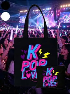 K-POP Canvas Tote Bag Printed with "K-POP Lover" & Cool Girl Idol Graphics, Large Capacity Shoulder Handbag, Hand-Drawn Illustration Crossbody Tote, Fan Merchandise Gift, Commute Shopping Bag, Ideal for Travel, Concerts, Fan Events, Parties & Daily Use