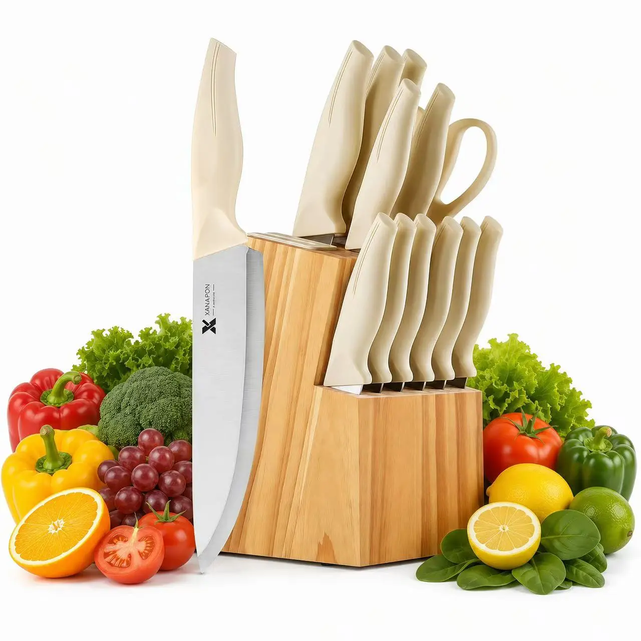 14-Piece Self-Sharpening Stainless Steel Kitchen Knife Set with Block - Home Kitchenware, ABS Anti-Slip Ergonomic Handle, Dishwasher Safe, Cream Ivory Slicer for Cutting Tasks, Built-In Sharpener, Storage Solution