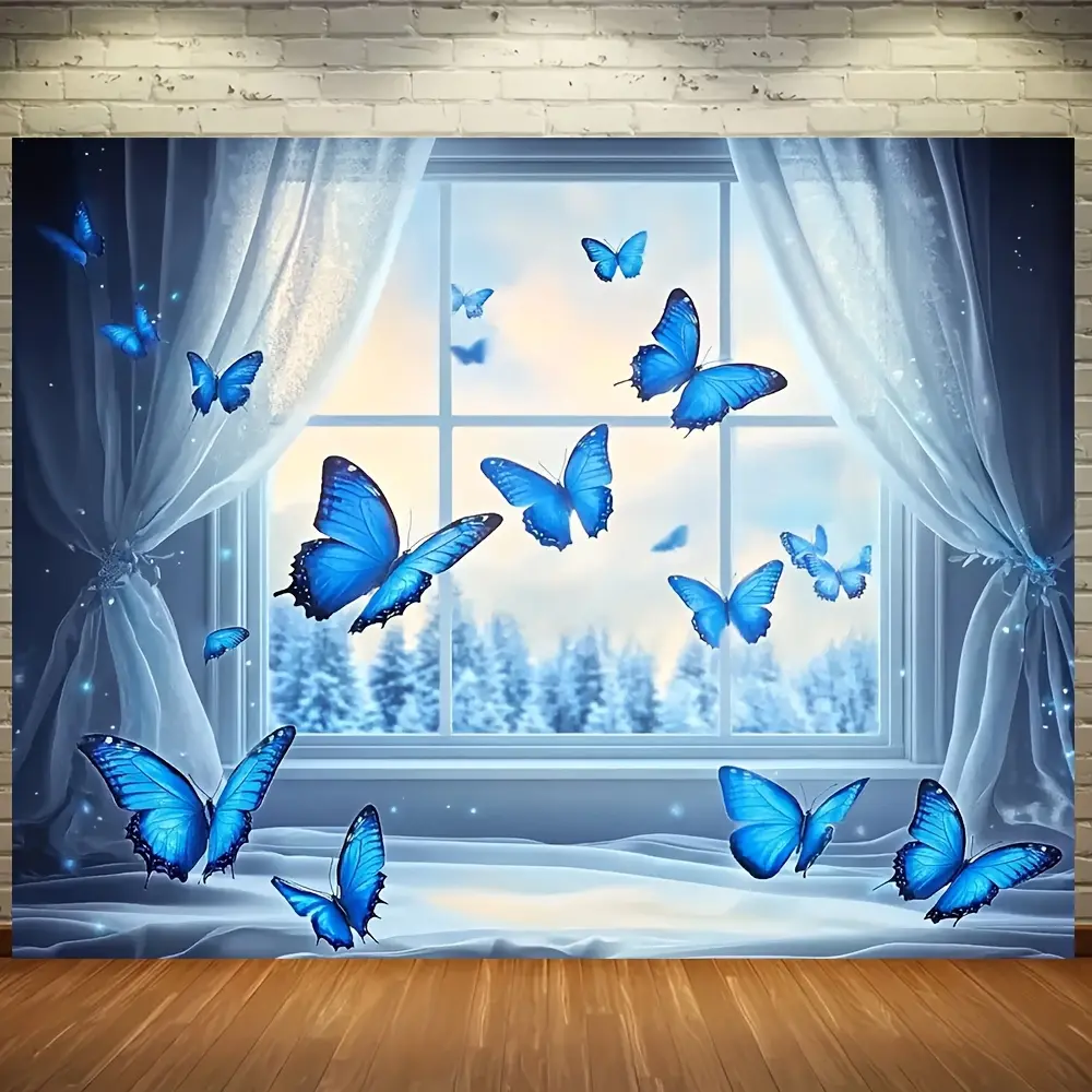 Dreamy Blue Butterfly Window Tapestry Polyester, Versatile Spring/Summer Photography Background with Serene Window & Snowy Landscape, Perfect for Birthday & General Celebrations, Butterfly Decorations