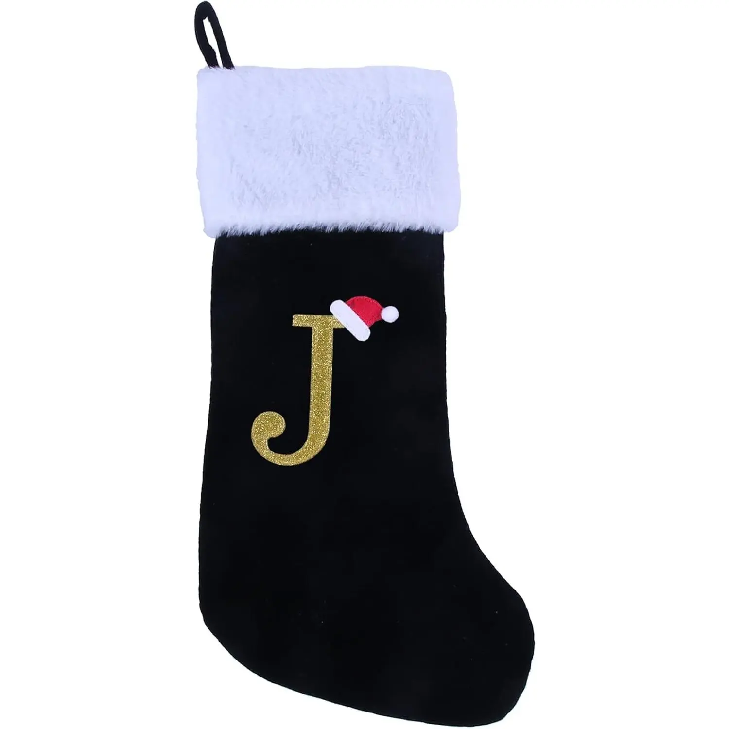 20 Inches Large Super Soft Embroidered Christmas Stocking with Letter J Black Velvet with White Plush Cuff for Christmas Family Decor