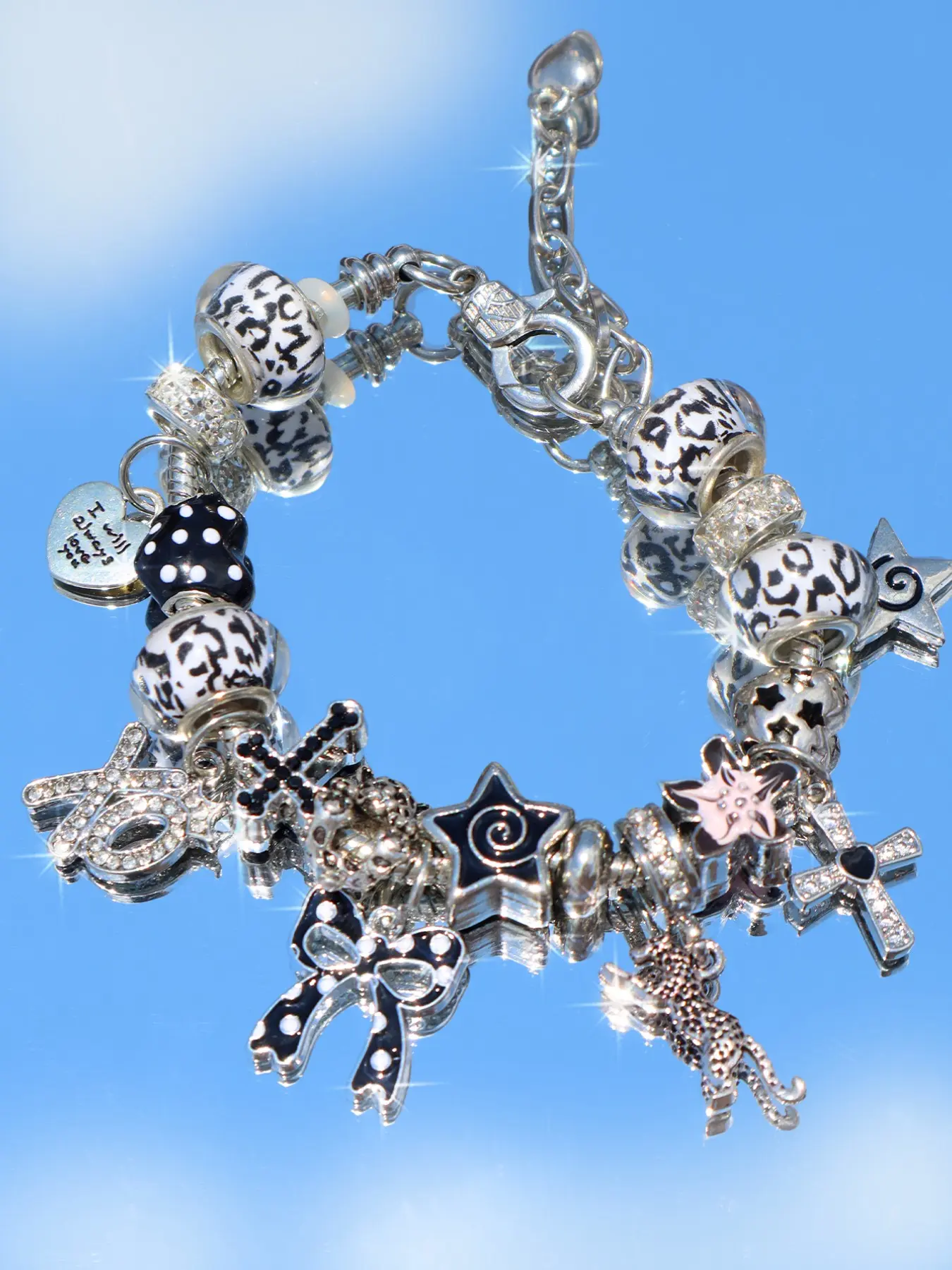 Dark Gothic Leopard Print Cross Charm Bracelet, Star Letter Xoxo Bracelet, Leopard Print Cat Cherry Blossom Bracelet, Unique Fashion Accessory, Alloy Chain Bracelet