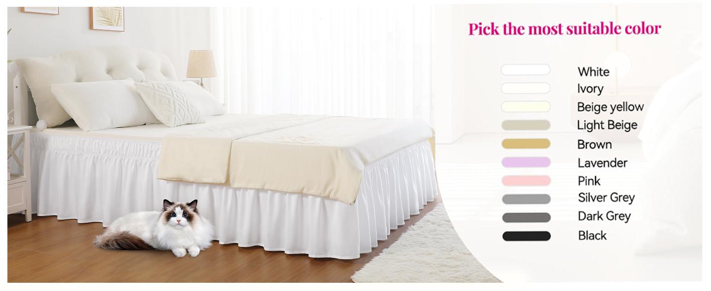 Queen Bed Skirt 14 Inch Drop White, Wrap Around Elastic Bed Skirts Queen Size Dust Ruffle, Bedskirt for Bed Base Machine Washable Easy to Install