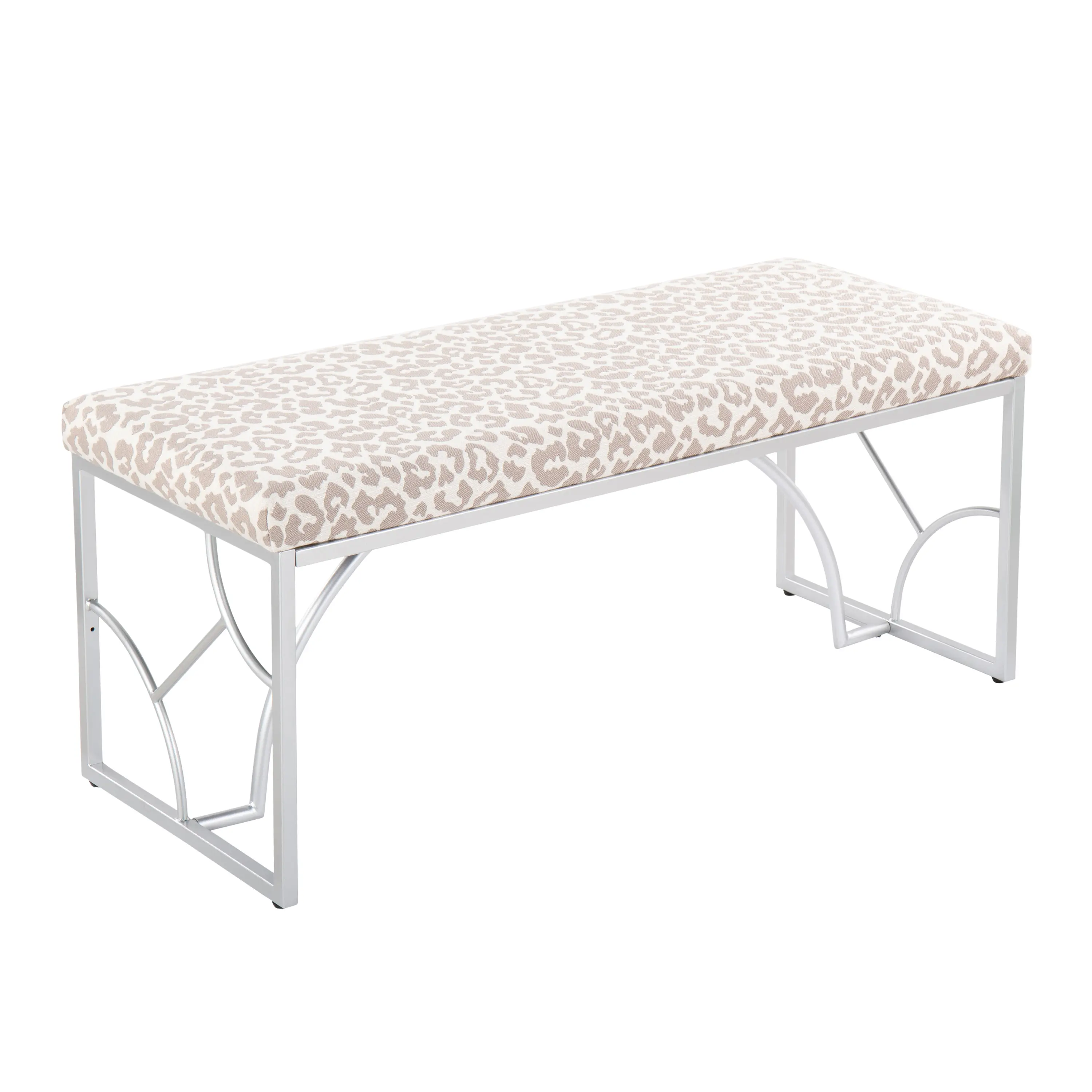 Nokaa Contemporary Bench Silver Metal Frame Grey Leopard Fabric Upholstered Living Room Entryway Accent Seating Furniture Modern Indoor Decor, Multiple Options Available