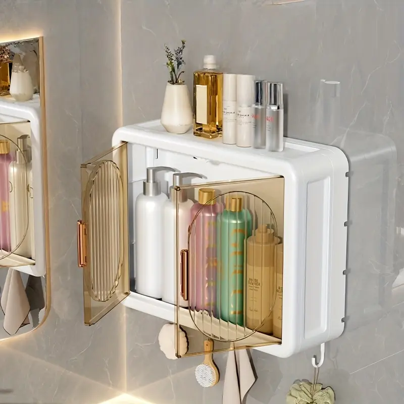 1Pc wall-mounted bathroom locker, with easy-to-use cosmetic and Bottle storage organizer, space-saving toiletries design, suitable for small spaces and shower areas, white gold, size 41 * 32cm