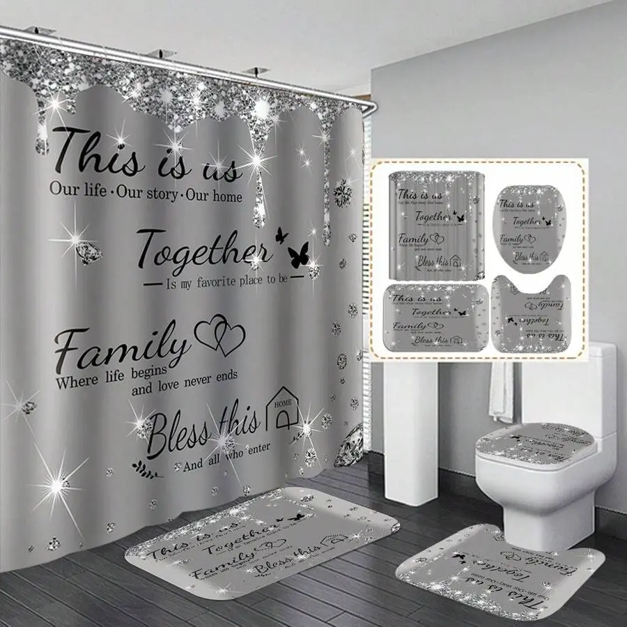 1/4pcs Sparkling Rhinestone Letter Printed Shower Curtain For Bathroom Luxury Grey Shower Curtains Set With Bath Mats Rugs Non-Slip Carpet Toilet Lid Cover Home Decor Bathtub Partition Bathroom Accessories Home Bathroom Decor Fall Decor Back To School