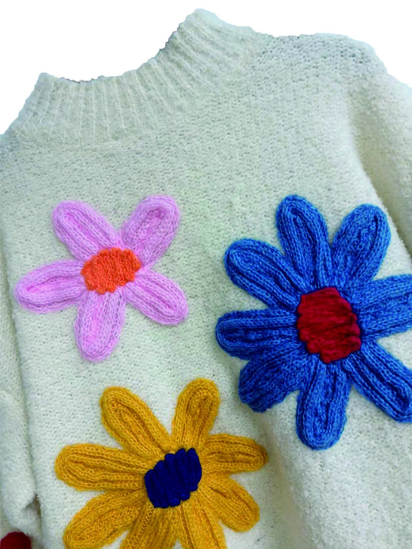 Plus Size Colorblock Floral Embroidered Drop Shoulder Sweater Pullover Knitwear, Casual Long Sleeve Mock Neck Jumper for Fall & Winter, Women's Plus Clothing for Daily Wear