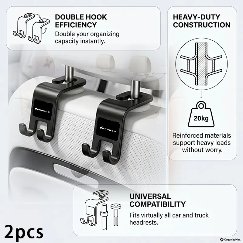 Ford Bronco Car Headrest Hook, High-Capacity Rear Storage Solution, Tool-Free Installation, Organize Clutter Effortlessly