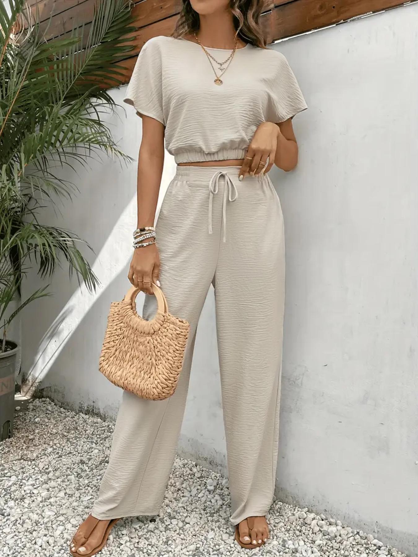 Women's Solid Color Top & Wide Leg Pants Two-piece Set, Casual Round Neck Top & Elastic Waist Drawstring Trousers for Summer, Ladies Clothes for Daily Wear, Womenswear Women's Solid Color Top & Wide Leg Pants Two-piece Set, Casual Round Neck Top & Elastic Waist Drawstring Trousers for Summer, Ladies Clothes for Daily Wear, Womenswear