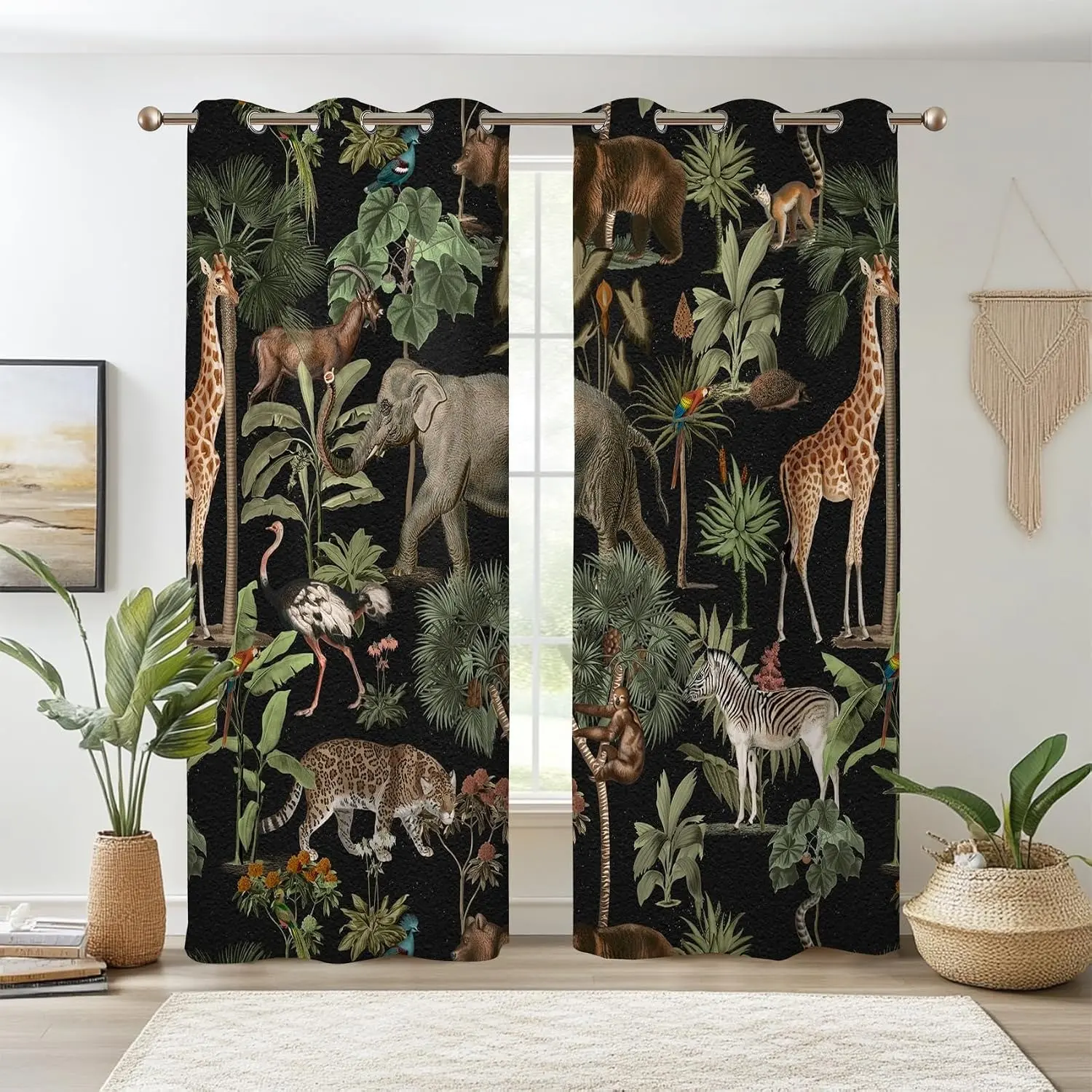 Tropical Jungle Animal Semi-Sheer Curtains, Forest Wildlife Pattern, Giraffe Elephant Print, Energy Saving Ring Curtain, 2 Pieces