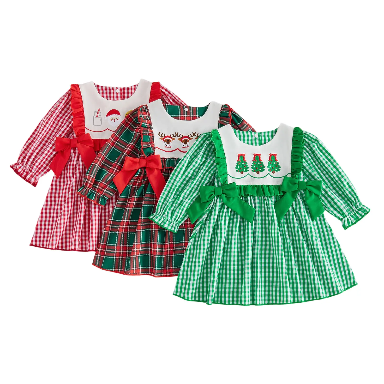 Toddler Baby Little Girls Christmas Dress Tree Embroidery Long Sleeve Plaid Dress Fall Winter 1-5 Years