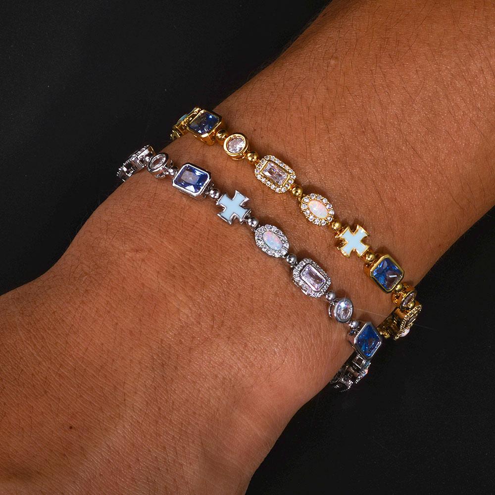 Custom Street Hip Hop Jewelry 6mm Multi Color Gemstone Enamel Tennis Bracelet Iced Out Cross Motif Bracelet Custom Street Hip Hop Jewelry 6mm Multi Color Gemstone Enamel Tennis Bracelet Iced Out Cross Motif Bracelet