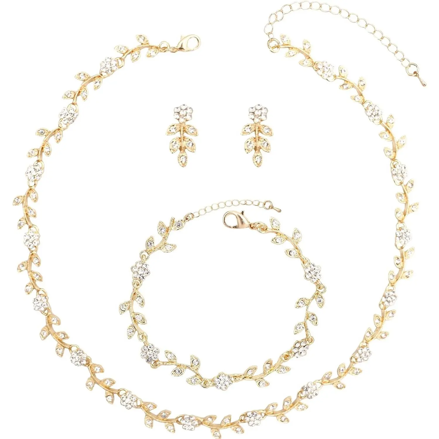Crystal Rhinestone Choker Necklace Dangle Earring Link Bracelet Jewelry Set for Brides Bridesmaid Prom Costume Accessories for Women(Gift)