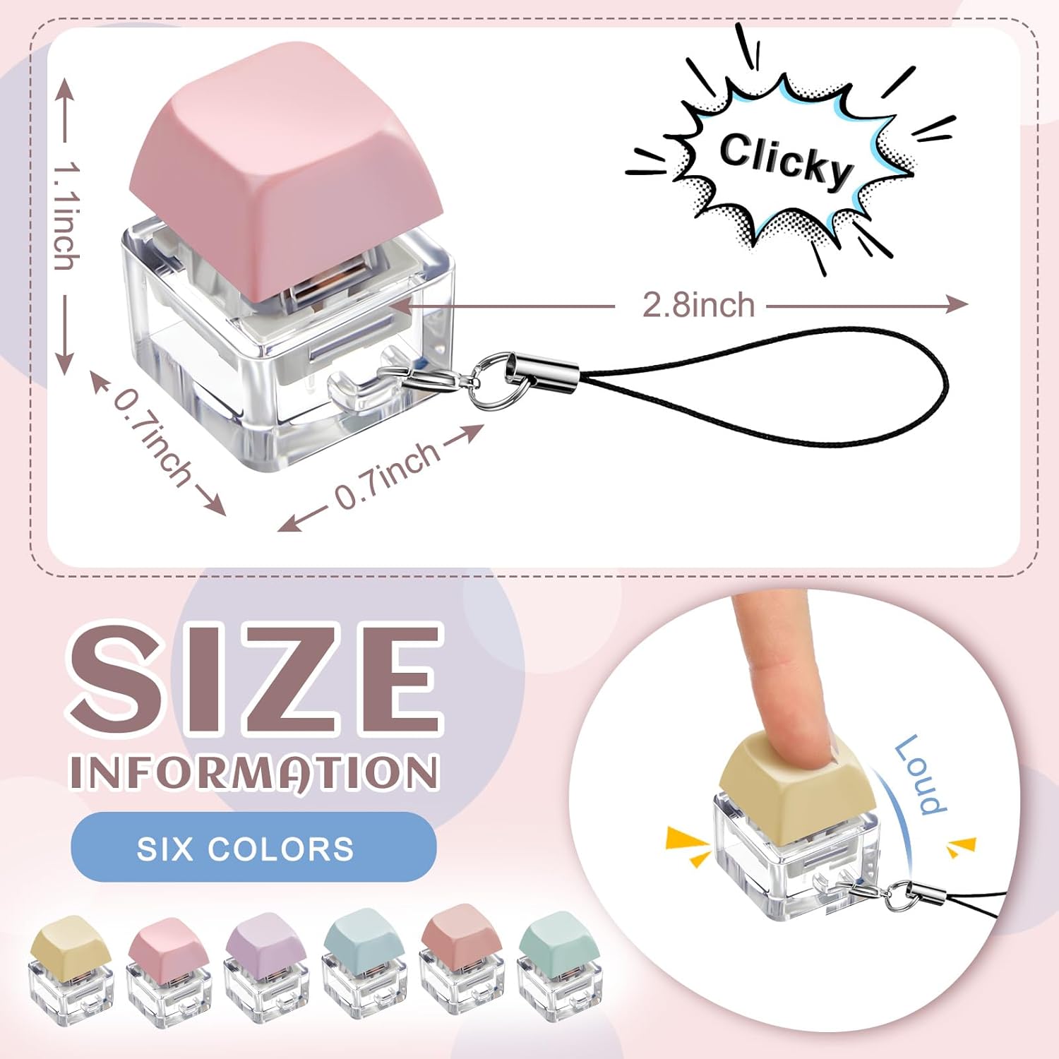 6-Pack Keyboard Clicker Fidget Keychain – Button Stress Relief Toy in Macaron Colors. Decompression Gifts for Adults to Pass Time & Relax. Portable & Addictive Fun.