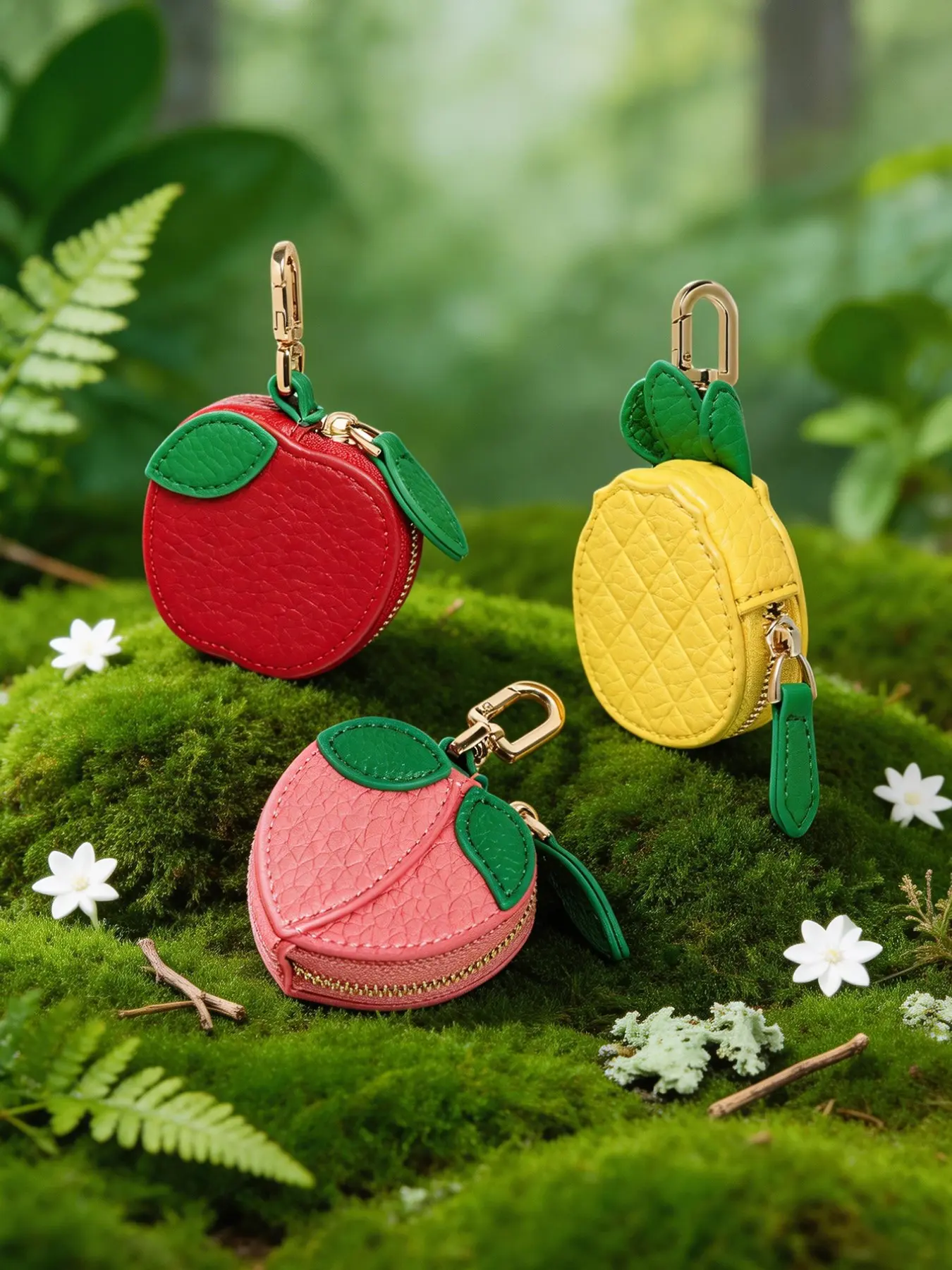 Cute Fruit Mini Airtag Storage Bag, Leather Zipper Small Pouch, Spring Backpack Keychain, Kids Girl Coin Purse, Handmade Design, Aesthetic Keychain