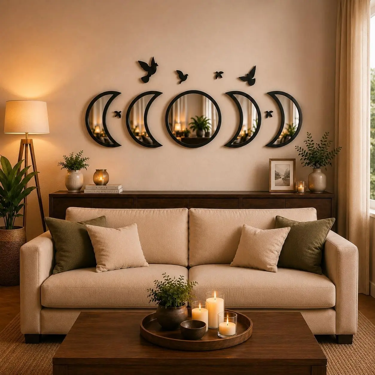 Black Moon Phase Mirror Wall Decor Set with Birds, Gothic Witchy Boho Wall Mirror, Scandinavian Aesthetic Home Decor for Bedroom Living Room