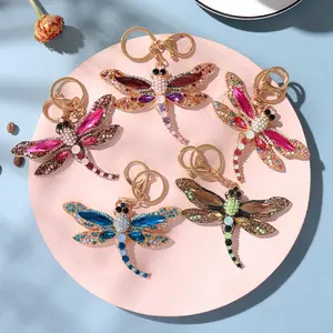 Western Fashion Hollow Dragonfly Alloy Keychain, Colorful Rhinestone Inlaid Bag Charm. Elegant shiny decorative pendant, stylish daily accessory for key organization, handbag embellishment and delicate casual gift.
