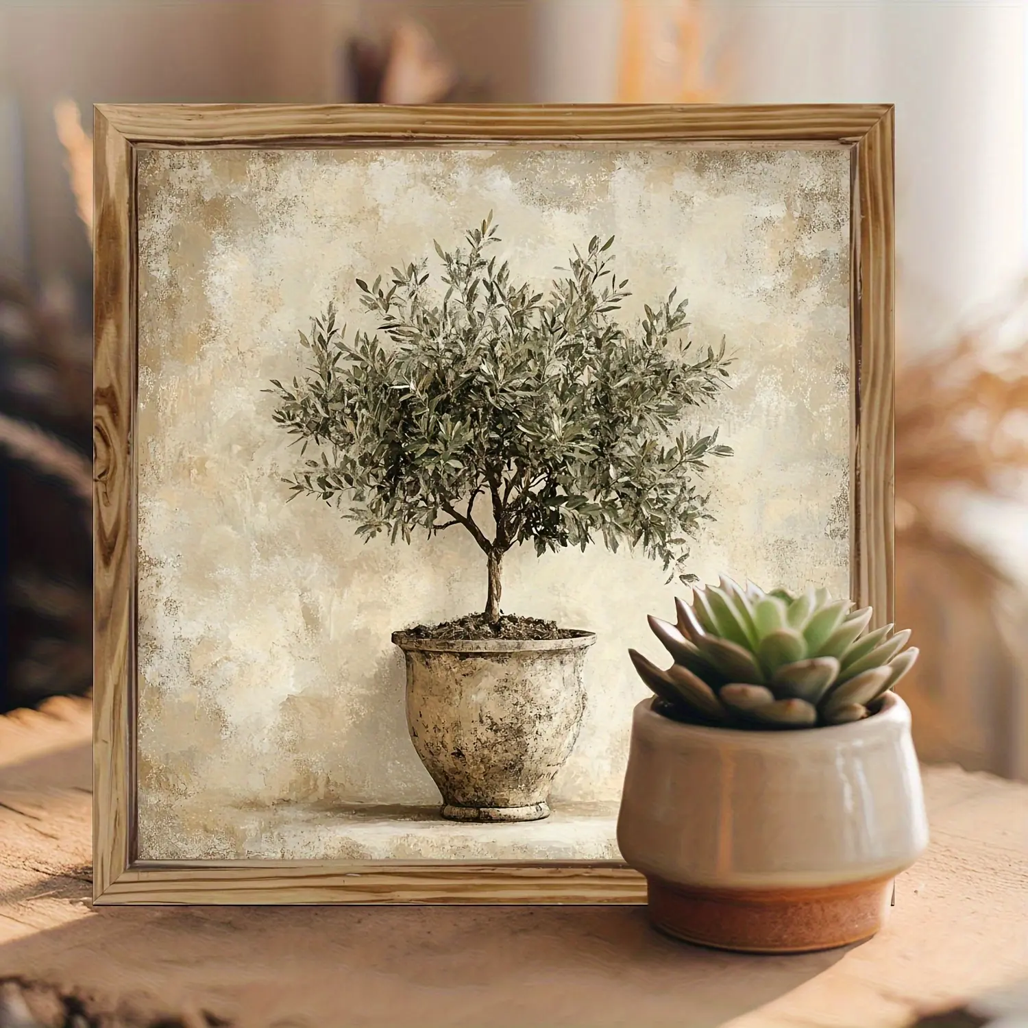 2D Flat, 1pc- Retro Olive Tree Art Painting-- Perfect Home Decor Choice, Suitable for Bedroom, Living Room, Festive Decor, Home Furnishings or Gift Giving, 8*8in, 2D, Wooden Painting