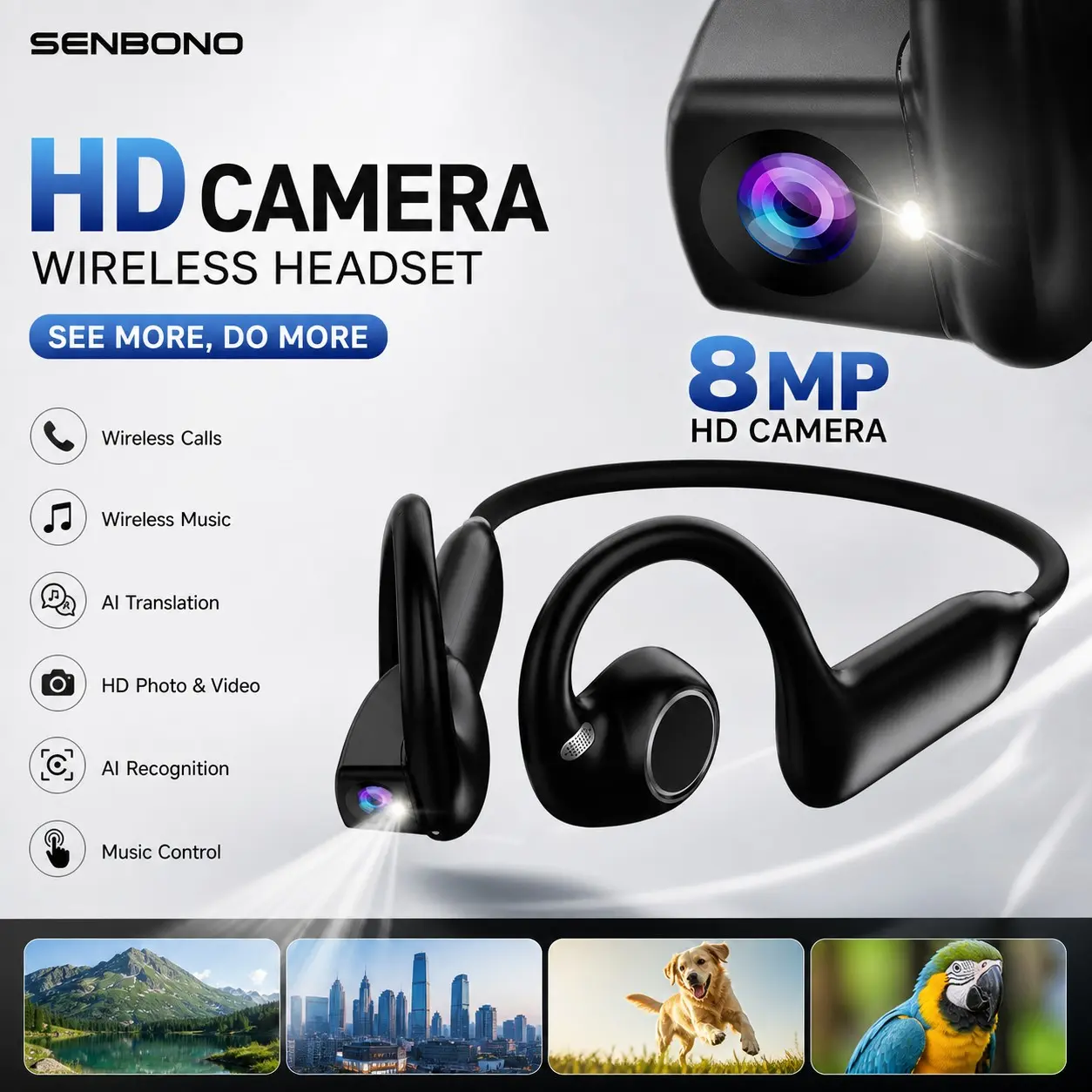 SENBONO Multimodal AI Interactive Earphone, Slide Touch for Volume & Track Control, Single/Double/Triple Tap Gestures, Auto Wake/Sleep via Wear Detection, Voice Q&A on Weather, Magnetic Fast Charging, 220mAh Battery