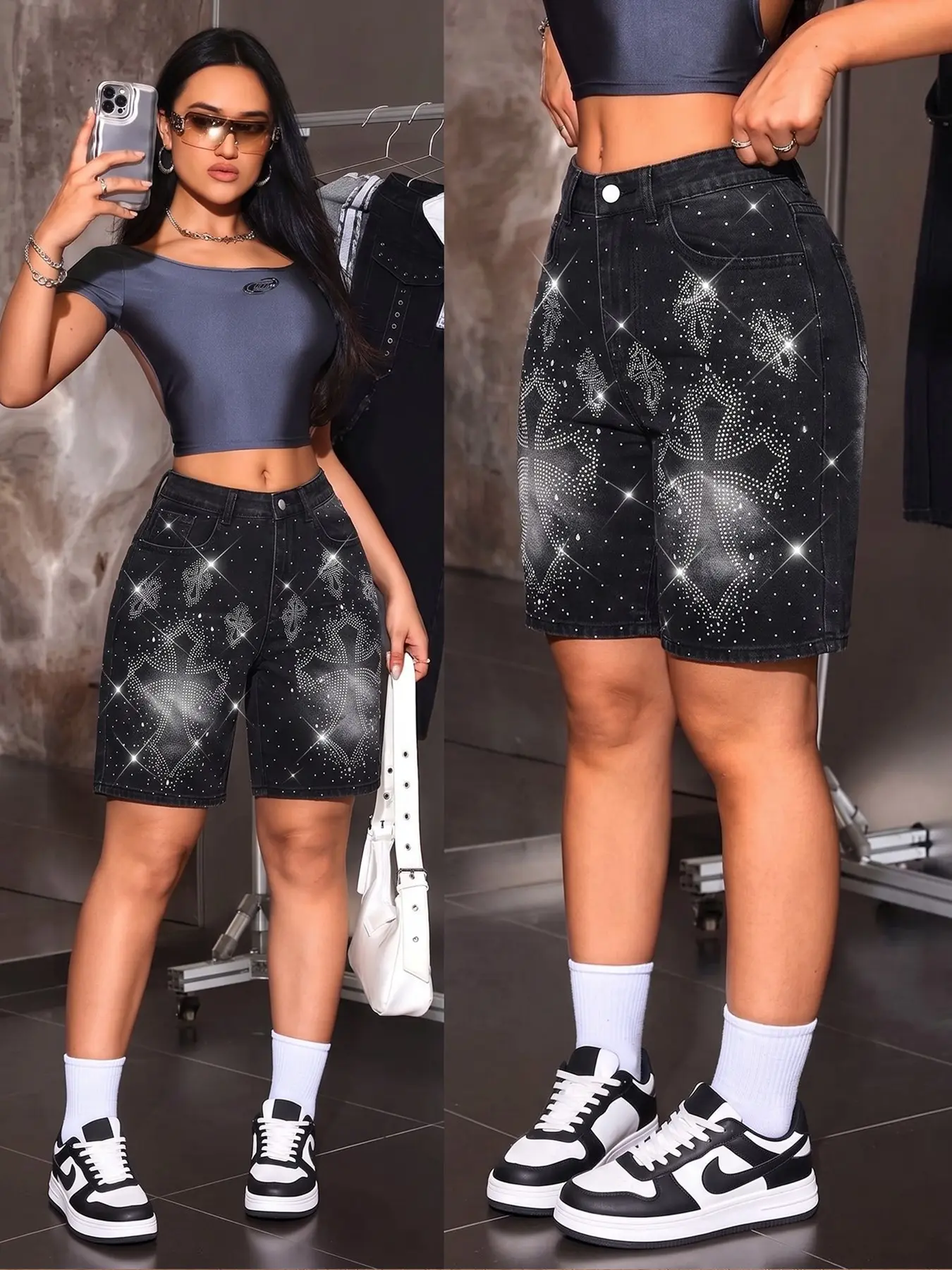 Women's High-Waisted Denim Shorts, Cross Rhinestone Design, Loose Fit, Baggy, Summer Streetwear Fashion Style, Washed Fabric, Full-Length Rhinestones, Bottom