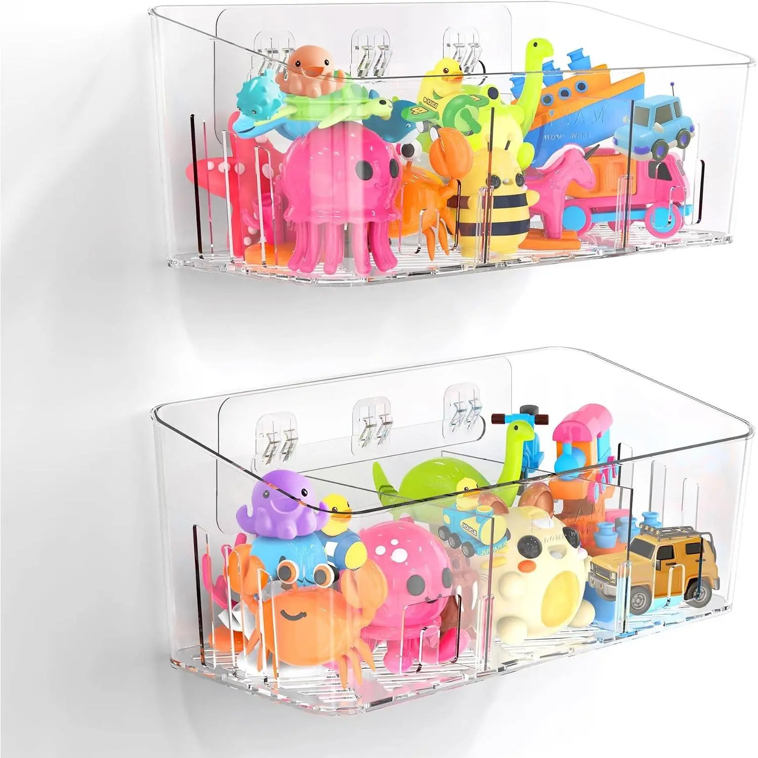 Bath Toy Storage 2 Packs, Large Bath Toy Holder with 3 Compartment, Quick Dry Bathtub Toy Organizer, Bath Tub Toy Net, Shower Toy Basket & Bin, Bathroom Accessories for Baby,Toddler,Kids（Clear）