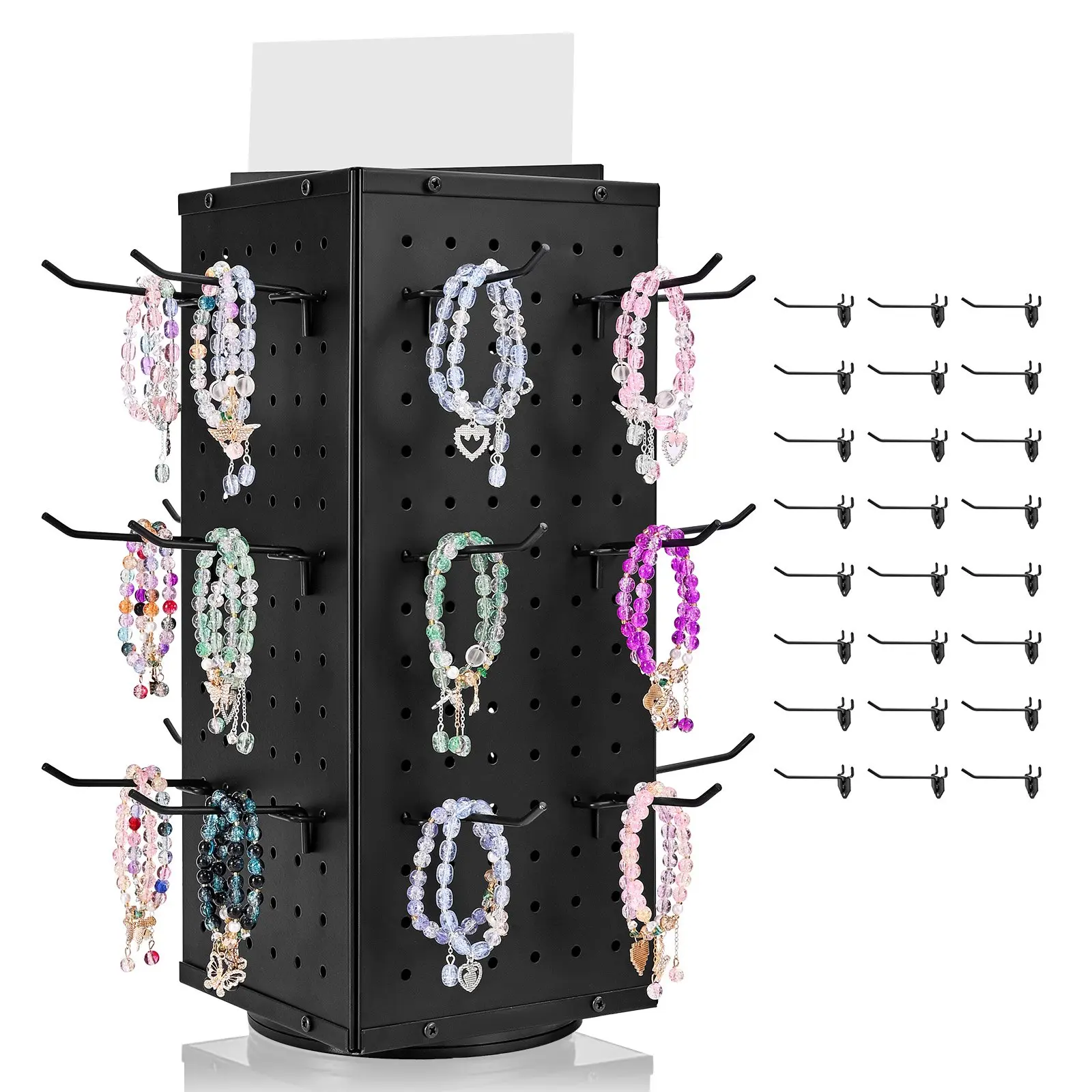【DealsForYouDays】VEVOR Rotating Pegboard Display Stand, 7.4 x 7.4 x 17 in 4-Sided Spinning Peg Board Display with 24 Hooks, Thickened Cold-Rolled Steel Craft Rack Organizer for Grocery Retail Store Jewelry Shop, Blac