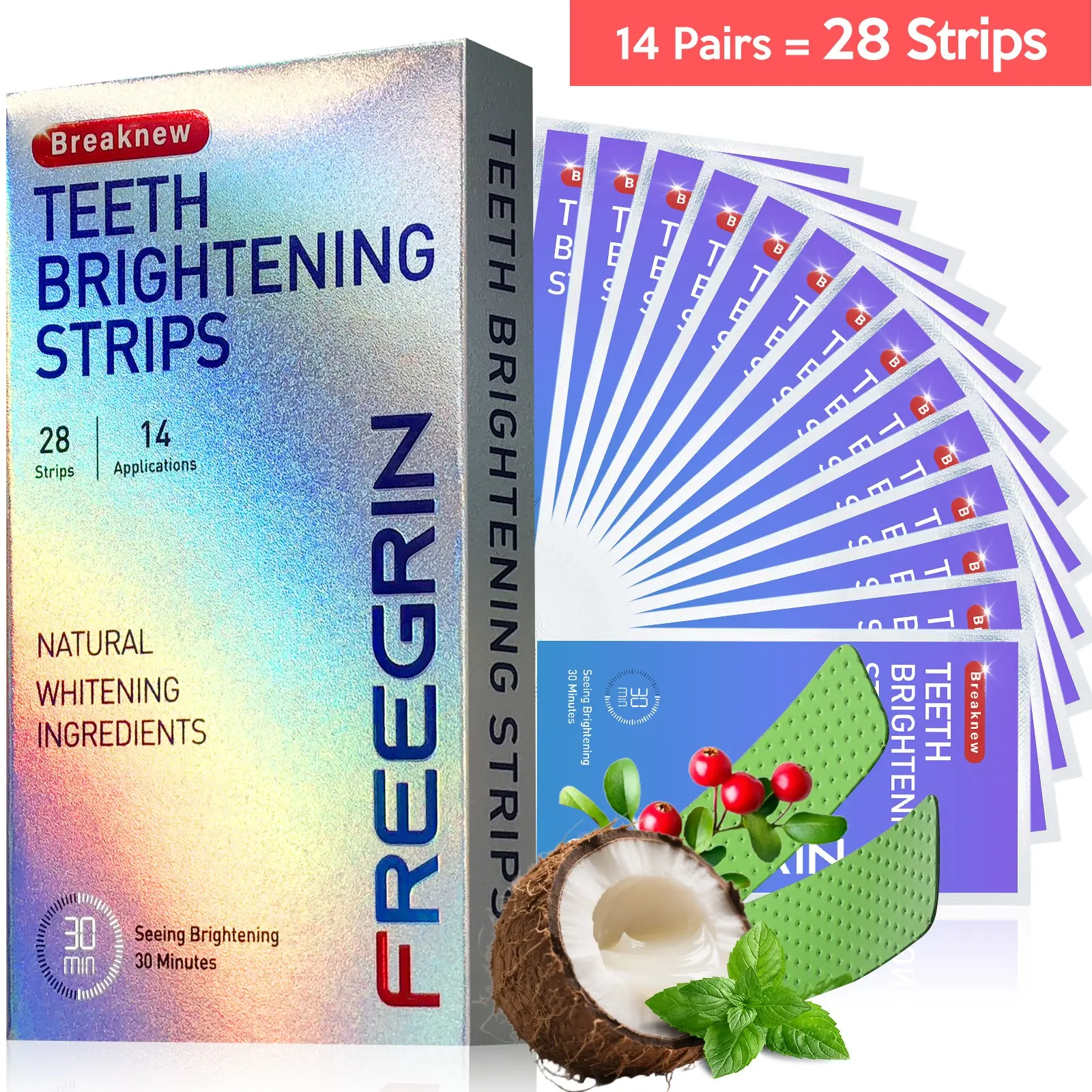 Freegrin Teeth Whitening Strips, 28 Strips, Coconut Mint Flavor, Peroxide-Free, Gentle on Enamel, 30-Minute At-Home Kit