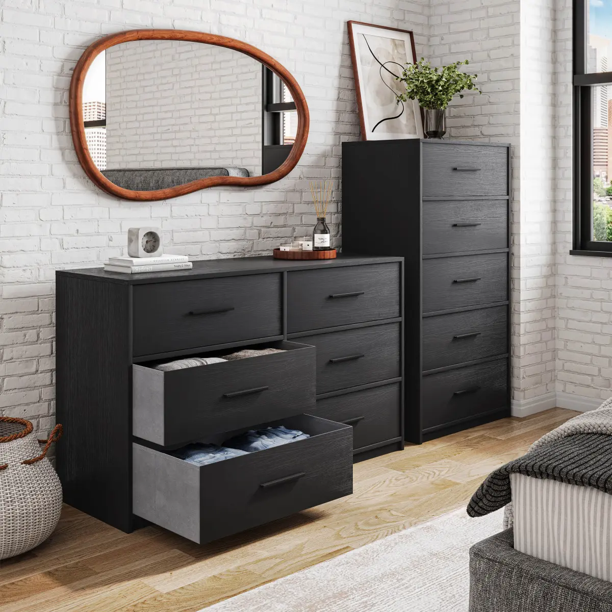 Black Wood 5-Drawer Dresser with Large Fabric Bins & Mirror Set - Durable Compact Storage Chest, Modern Bedroom Wood Dresser Organization for Small Room Ideas, Dorm Room Ideas Apartment Essential, Display Storage Bedroom Furniture