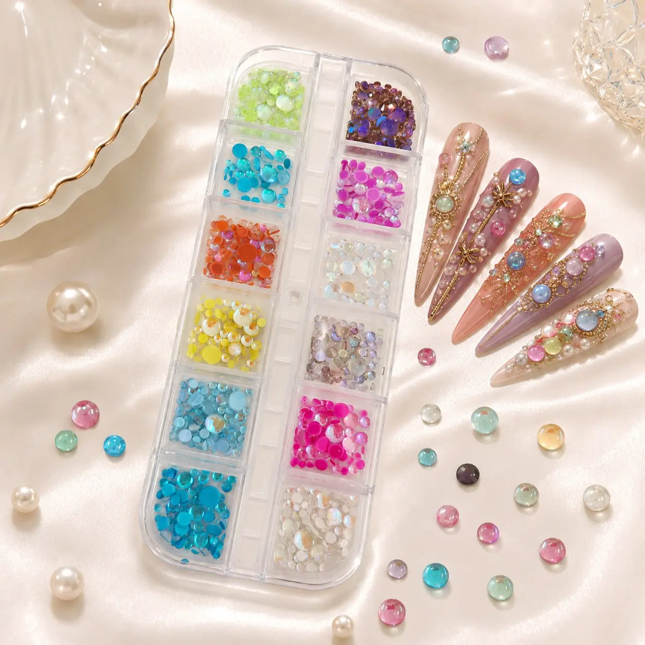 12-Piece Assorted Mermaid Colorful Flat Back Pearl Nail Art Rhinestones, Macaron Half Round Beads, DIY Nail Decoration Kit