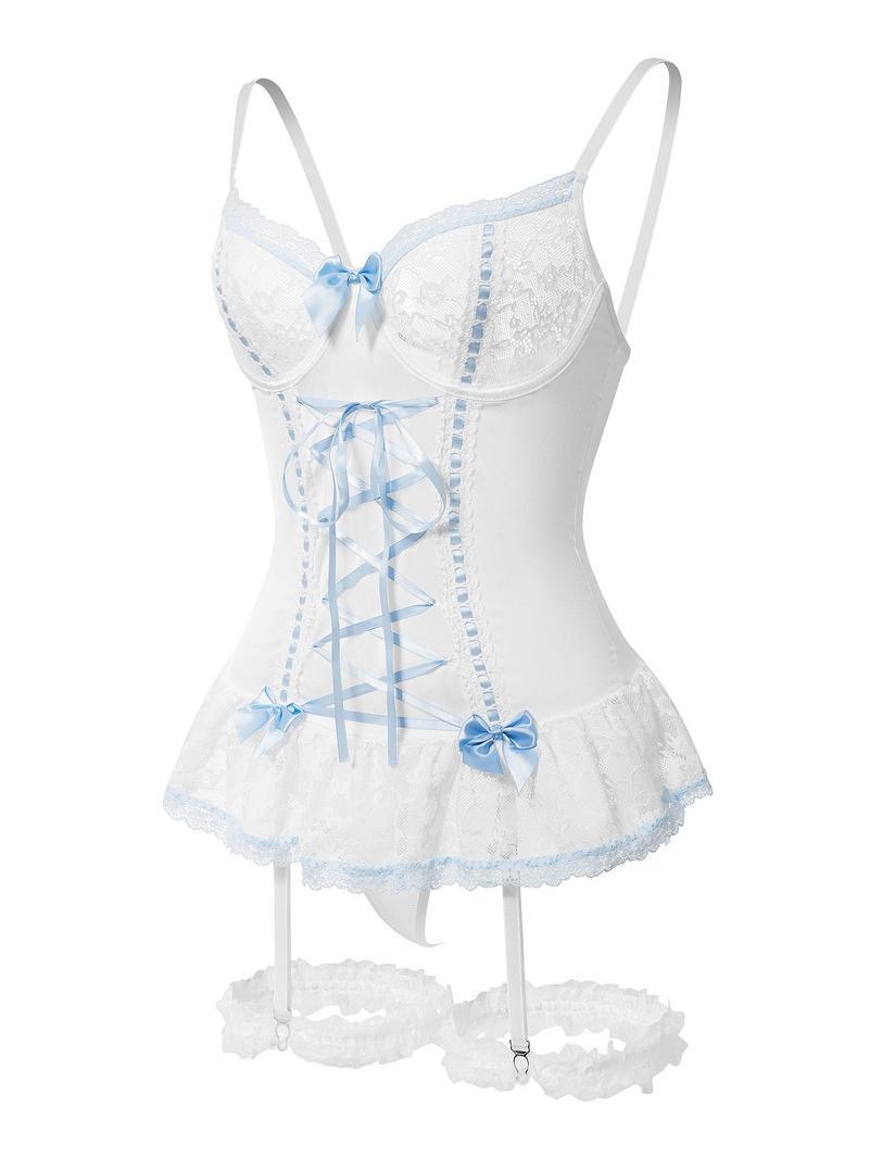 Women's Sexy Black & Pink Lace Corset Lingerie Set, Push-Up Bustier with Lace-Up Detail, Bow Accent Ruffle Hem Garter Belt Lingerie, Perfect for Valentine's Day, Date Night & Romantic Occasions, Seductive Maid Style Intimates