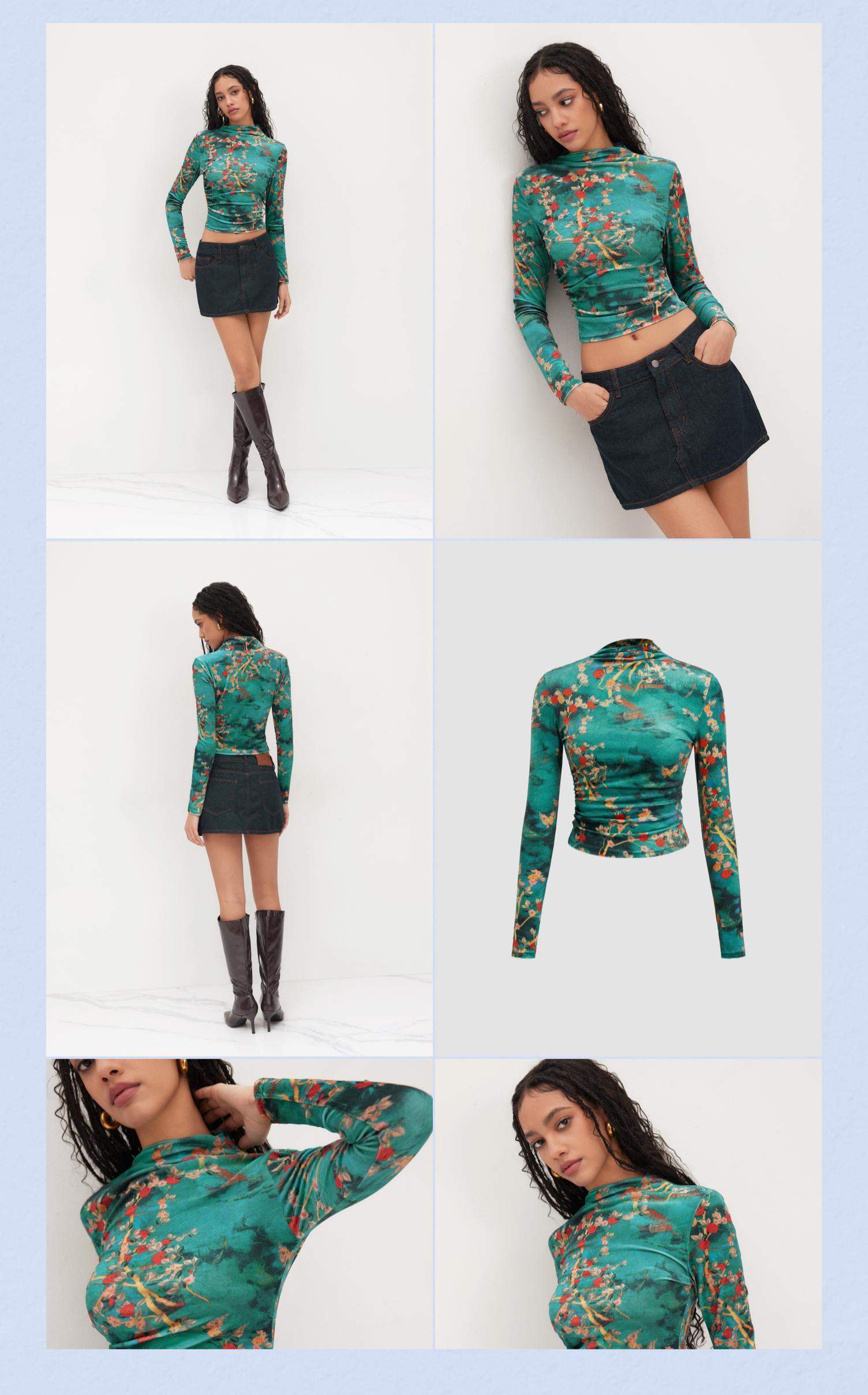 Cider Women's Knit High-Neck Floral Ruched Long-Sleeve Velvet Top Cider Women's Knit High-Neck Floral Ruched Long-Sleeve Velvet Top