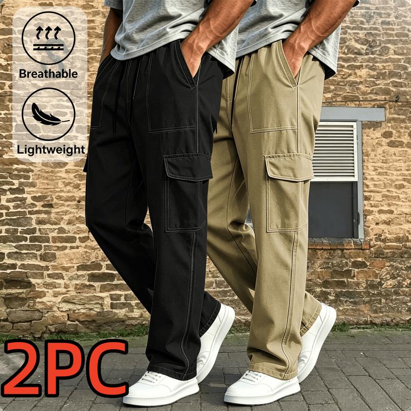 2PC Men's Loose Straight Leg Wide Leg Workwear Pants with Contrasting Colors, Multiple Workwear Pockets, Elastic Drawstring Waist, Quick Drying, Breathable, Trendy Casual Workwear Pants
