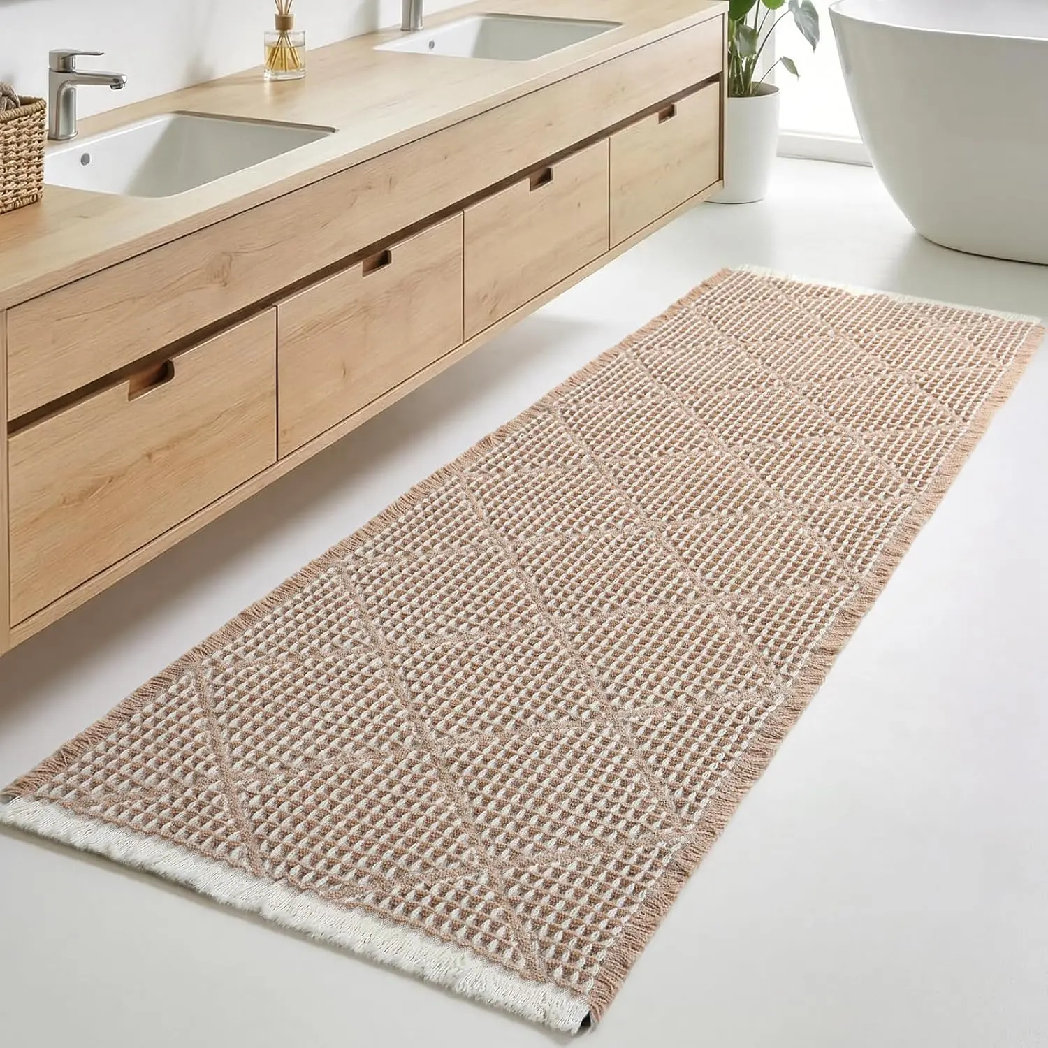 Large Bathroom Rugs 2' x 6', Long Runner Rug Waffle Bath Mat for Kitchen Rugs, Absorbent and Washable Bathroom Mat for Laundry Room, Soft Boho Runner Decor, Entryway Hallway Runner Rug No Slip