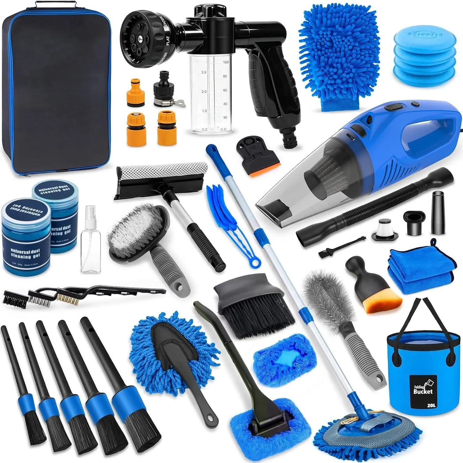 Detailing Kit with   & Vacuum, 41 count  Cleaning Supplies | Complete Wash Kit, 7600PA Corded Vacuum,  Wash Mop, 20L Folding Bucket, Detailing Brush Set for Interior & Exterior, Blue