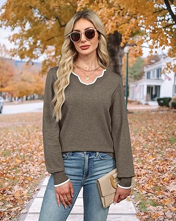 OFEEFAN Women's Soft V-Neck Pullover Sweater Lightweight Knit Top for Layering Casual Apricot Longsleeves OFEEFAN Women's Soft V-Neck Pullover Sweater Lightweight Knit Top for Layering Casual Apricot Longsleeves