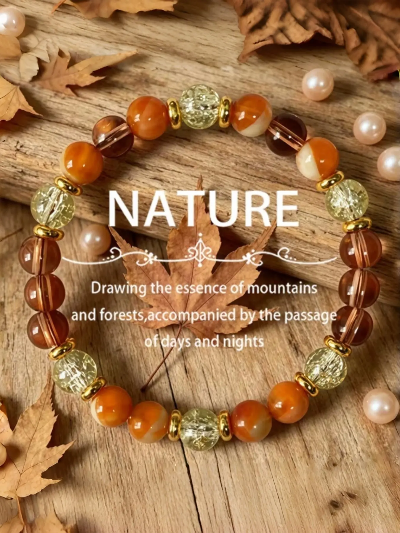 1pc Vibrant Autumn Bead Elastic Bracelet, Warm Amber, Golden And Rich Brown Tea, with Polished Golden Spacer Decoration, Easy Bohemian Fashion Stackable Wristwear, Capturing The Essence of Forest And Golden Time Beads