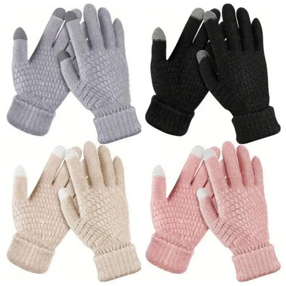 Female 4pcs Keep-Warm Wind-Resistant Thermal Fleece-Lined Winter Gloves, Thick Velvet Touch Screen Elastic Cuffs Mittens, Sports Outdoor Gloves Accessory Set for Driving, Skiing