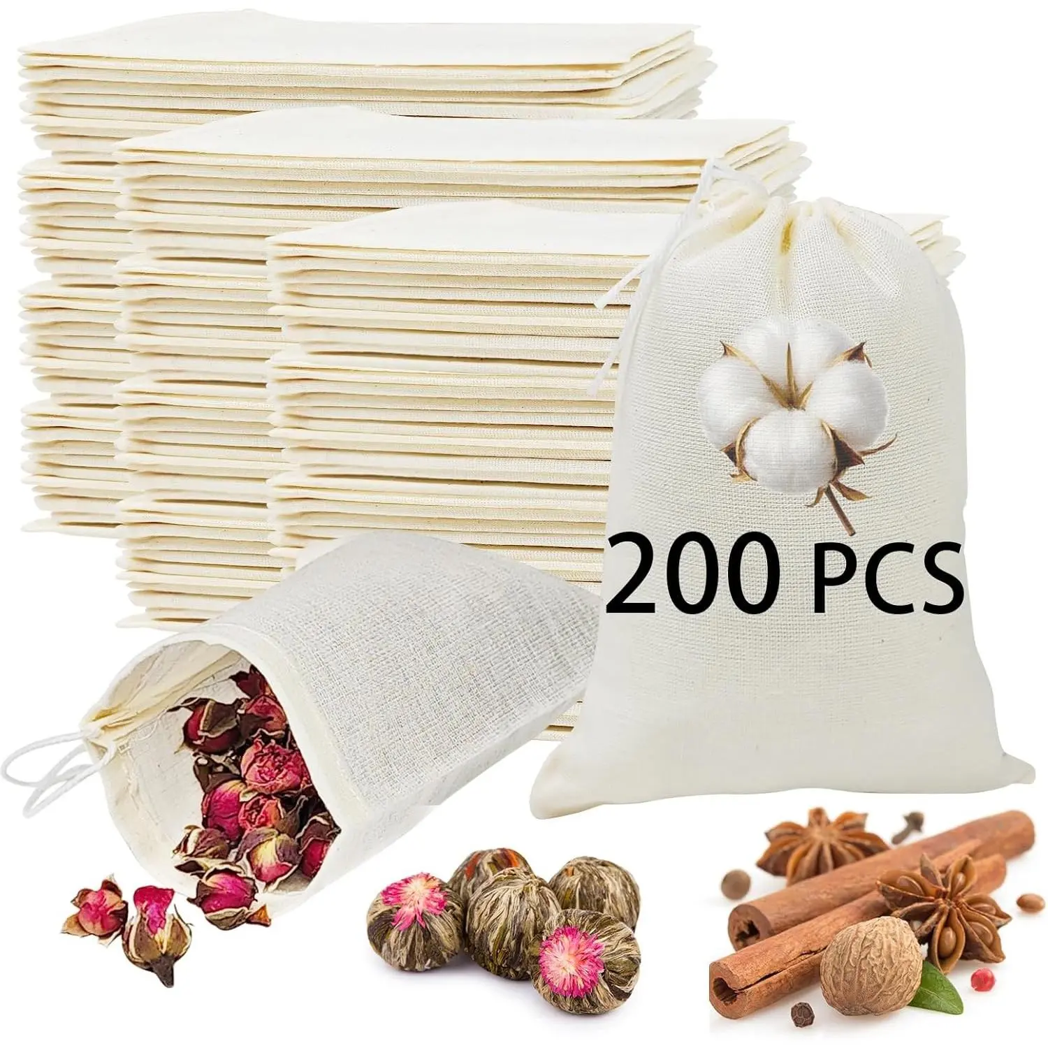200PCS 3x4 Small Muslin Cloth Bags with Drawstrings - Reusable Empty Spice & Herb Bags for Cooking, Potpourri, cloth tea bags, cloth bags bulk
