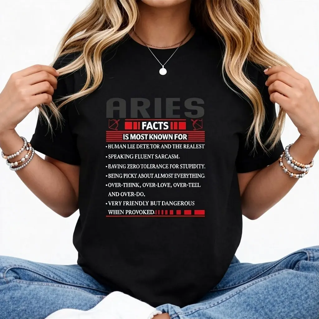 Women's Aries Zodiac Facts T-Shirt, Funny Aries Traits (Human Lie Detector, Sarcasm) Graphic Tee with Bow Accents, Casual Daily Wear for Aries Women, Ideal Gift for Horoscope Enthusiasts, Black